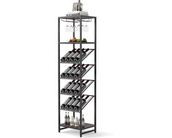 KOMFOTTEU Wijnrek voor 16 flessen, flessenrek vrijstaand met 2 rijen glazen standaarden en 3 legplanken, wijnflessenrek met kantelbeveiliging, industrieel design, voor keuken, bar, eetkamer