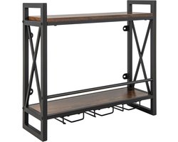 KOMFOTTEU Wijnrek voor aan de muur, flessenrek hout met metalen frame, decoratief wandrek met bekerhouder voor glazen, flessenhouder voor bar, keuken, woonkamer (60 x 20 x 55 cm)