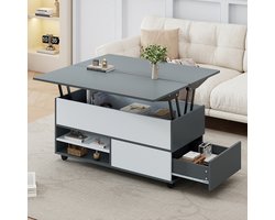 Komhtom 100*98*65cm Salontafel in hoogte verstelbare salontafel met verborgen opbergruimte en legplanksalontafel op wieltjes en met ladesmultifunctionele eettafel met veel opbergruimtegrijs-wit