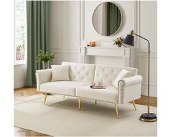 Komhtom 2-zitsbanken Moderne slaapbank voor 2 personen – fluweelbekleding rugleuning in 3 standen verstelbaar en gouden metalen poten. Elegante bank met slaapfunctie – ruimtebesparend duurzaam ideaal voor kleine ruimtes Wit