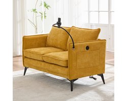 Komhtom 2-zitsbanken Moderne tweezitsbank Kleine stoffen bank Fauteuil met opbergruimte Zijvak + verstelbare houder voor mobiele telefoon Geschikt voor de woonkamer/slaapkamer/balkon Geel