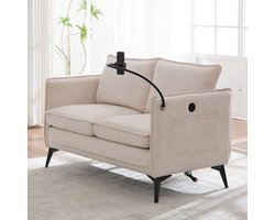 Komhtom 2-zitsbanken Moderne tweezitsbank Kleine stoffen bank Fauteuil met opbergruimte Zijvak + verstelbare houder voor mobiele telefoon Geschikt voor de woonkamer/slaapkamer/balkon Beige