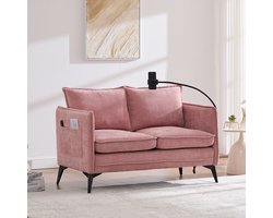 Komhtom 2-zitsbanken Moderne tweezitsbank Kleine stoffen bank met opbergvak aan de zijkant + verstelbare houder voor mobiele telefoon Geschikt voor de woonkamer/slaapkamer/balkon Roze