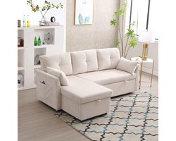 Komhtom 3-zitsbanken Multifunctionele slaapbank met opbergruimte en uitschuifbaar bed met verwisselbare chaise longue met opbergvakken modulaire L beige
