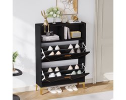 KOMHTOM 80*25*117 cm Schoenenkast met 2 klapdeuren onderaan, schoenenkast voor in de hal met 4 schoenenvakken, kast met 2 halfopen planken, buffetkast, salonkast, verhoogde tafelpoten, MDF + metaal