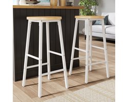 KOMHTOM Barkruk - Set van 2 - Hoogte Verstelbaar - Wit Metalen Onderstel - Houtlook Zitting - 63 cm Hoog - Draagvermogen 150 kg - Voetsteun - Verstelbare Poten