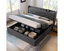 KOMHTOM Bed 140x200 cm Tweepersoonsbed Commode bed Gestoffeerd met USB-oplaadfunctie Linnen bedframe Grijs