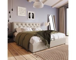 KOMHTOM Bed 160x200 cm Volwassenenbed Tweepersoonsbed verstelbaar hoofdeinde met opbergruimte Gebroken wit