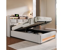 KOMHTOM Bed Eenpersoonsbed 90x200 cm Chest bed met USB Single LED bed met metalen lattenbodem Beige