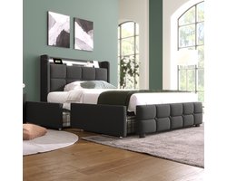 KOMHTOM Bed Eenpersoonsbed 90x200 cm met USB-oplaadfunctie Hoofdbord en LED-verlichting en 2 laden Grijs