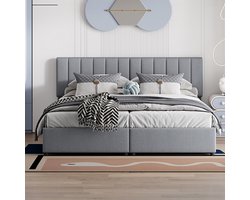 KOMHTOM Bed Gestoffeerd bed Tweepersoonsbed 180x200 cm hydraulisch opbergbed huidvriendelijke linnen hoge bedstee grijs