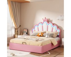 KOMHTOM Bed Kinderbed 140x200 cm Tweepersoonsbed Bekleed PU leer LED verstelbaar Roze