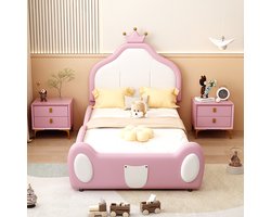 KOMHTOM Bed Kinderbed 90x200 cm Eenpersoonsbed met kroonlijst tweekleurig patchworkdesign kunstlederen stof roze