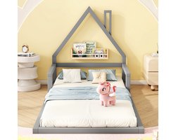 KOMHTOM Bed Kinderbed 90x200 cm kajuitbed Eenpersoonsbed huisvorm massief grenen grijs