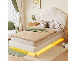 KOMHTOM Bed Kinderbed 90x200 cm met LED-balk rond de rand wolkvormig hoofdeinde verborgen voeteneind beige