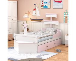 KOMHTOM Bed Kinderbed 90x200 cm Zeilbootvorm met uitschuifbaar bed Opbergkast aan het einde van het bed Roze