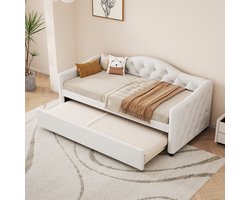 KOMHTOM Bed Slaapbank 90x200 Dagbed met uitschuifbaar bed Zonder matras Linnen Beige