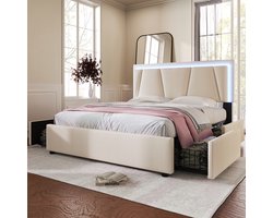 KOMHTOM Bed Tweepersoonsbed 160x200 cm Gestoffeerd bed met LED-verlichting en 2 laden In hoogte verstelbaar hoofdbord Beige