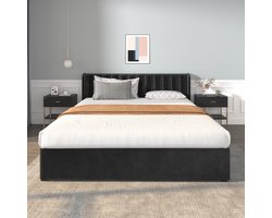 KOMHTOM Bed Tweepersoonsbed 180x200 cm Bed met 2 laden Fluweel gestoffeerd bed met lattenbodem Hoog hoofdbord Zwart