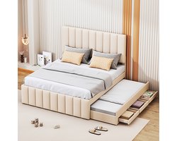 KOMHTOM Bed Volwassenenbed 140x200 cm Tweepersoonsbed met onderschuifbed en opbergladen beige extra bed