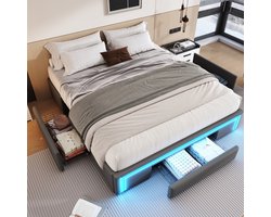 Komhtom Bedbodem 160X200 met lades, PU-lederen bed zonder hoofdeinde Met led-lichtstrip, metalen lattenbodem Platformbed voor moderne slaapkamers Grijs