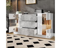 Komhtom Buffet met 2 deuren en 3 lades Glanzend witte fronten en marmer look grijs LED verlichting met 16 kleuren modern