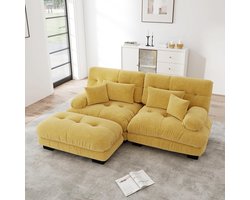 Komhtom Cloud hoekbank voor de woonkamer, tweezitsbank van chenille met 2 rugkussens en 2 sierkussens, gestoffeerde bank met brede armleuningen en chaise longue, geel