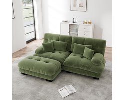 Komhtom Cloud hoekbank voor de woonkamer, tweezitsbank van chenille met 2 rugkussens en 2 sierkussens, gestoffeerde bank met brede armleuningen en chaise longue, chenille groen