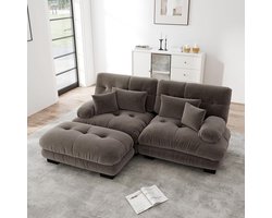 Komhtom Cloud-hoekbank voor de woonkamer, tweezitsbank van chenille met 2 rugkussens en 2 sierkussens, gestoffeerde bank met brede armleuningen en chaise longue, bruine chenille
