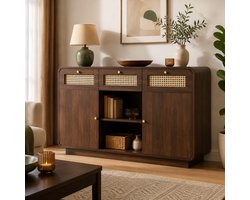 Komhtom - Commode dressoir in notenhout - 120×40×85 cm - Ladekast met rotan en gouden handgrepen - 3 lades, 2 kasten en open plank - In hoogte verstelbare legplanken