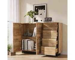 KOMHTOM - Commode dressoir met vier lades en twee deuren - geschikt voor woonkamer en keuken - zwart en natuurlijke tinten - B120 x D35,5 x H90,5 cm