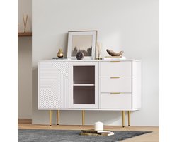Komhtom Commode Ladekast met 3 lades en 2 deuren met metalen poten en glazen deuren wit