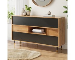KOMHTOM Dressoir - 2 Deuren - 2 Lades - Zwart - Hout - Woonkamer Eetkamer Hal - Industrieel Design - Opbergkast met Open Vak - Sideboard Kast - Modern Meubel - MDF Frame - Opbergruimte voor Keuken Slaapkamer