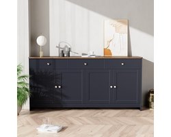 KOMHTOM Dressoir met houtnerf vier deuren drie laden woonkamer eetkamer grijs-zwart