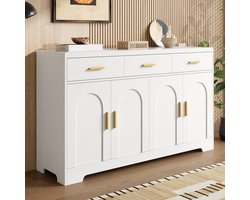 KOMHTOM Dressoir - Wit - 4 Deuren - 3 Lades - Verstelbare Planken - MDF - Gouden Metalen Handgrepen - Woonkamer - Modern - Opbergkast - Sideboard - Commode
