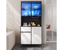 KOMHTOM Dressoir - Zwart Wit - MDF - Glazen Deuren - LED Verlichting - Vitrinekast - Sideboard - Eetkamer Woonkamer - Opbergkast - Modern Design