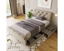 KOMHTOM Eenpersoonsbed 90x200 cm Bed volwassenen In hoogte verstelbaar hoofdbord opbergbed Bed met 2 laden