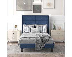 KOMHTOM Eenpersoonsbed 90x200 cm Bed volwassenen Modern bed met gestoffeerd hoofdeinde Blauw linnen