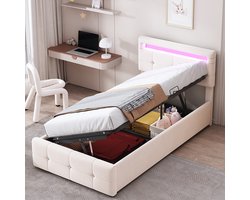 KOMHTOM Eenpersoonsbed 90x200 cm met LED-verlichting Hydraulisch opbergbed In hoogte verstelbaar hoofdeinde Fluwelen Beige