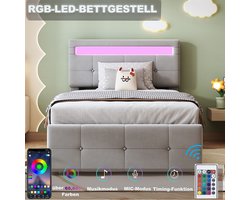 KOMHTOM Eenpersoonsbed 90x200 cm met LED-verlichting Hydraulisch opbergbed In hoogte verstelbaar hoofdeinde Fluwelen Grijs
