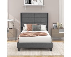 KOMHTOM Eenpersoonsbed 90x200 cm Modern bed voor volwassenen Hoog hoofdeinde grijs linnen met springmatras