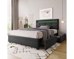 KOMHTOM Eenpersoonsbed 90x200cm Bed met laden In hoogte verstelbaar met LED-verlichting en 2 laden Grijs