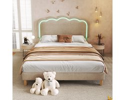 KOMHTOM Eenpersoonsbed Bed LED volwassenen 90x200 cm met lattenbodem en verstelbaar hoofdeinde gestoffeerd bed beige