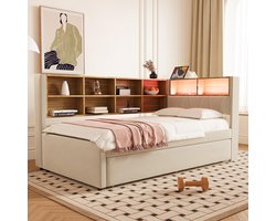 Komhtom Eenpersoonsbed slaapbank voor volwassenen 90x200 onderschuifbed 90x190 met USB-aansluiting en talrijke opbergvakken beige