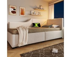 KOMHTOM Eenpersoonsbed Volwassen hydraulisch bed Kinderbed 90x200 met opbergruimte met leeslampje Fluweel Beige