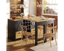 KOMHTOM Eettafel Uitschuifbaar met Dressoir - 360° Draaibaar Tafelblad - Keukentafel met Opbergruimte - Multifunctioneel Keukeneiland - Woonkamerkast - Zwart- Zonder stoelen