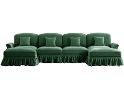 KOMHTOM Elegante 4-zitsbank met uitlopende armleuningen afneembare hoes en houten poten met 2 verplaatsbare poefs – Groene chenille stof