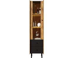 Komhtom Garderobe Kast 180 x 44 x 40 cm met glazen deur LED verlichting geel 2 lades hout Retro zwart
