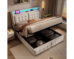 KOMHTOM - Gestoffeerd bed - 180x200 cm - tweepersoonsbed - led-hoofdeinde - USB-C-oplaadfunctie - hydraulisch bed - houten lattenbodem - metalen frame - draagvermogen 300 kg - beige - katoen - zonder matras