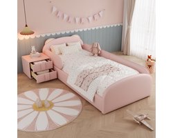 KOMHTOM - Gestoffeerd bed - eenpersoonsbed - kinderbed - schattig hoofdeinde in de vorm van een beer - met een nachtkastje in dezelfde kleurstelling - zachte anti-botsingskant - hoofdeinde van schuim - fluweel + multiplex - roze - 90x200cm